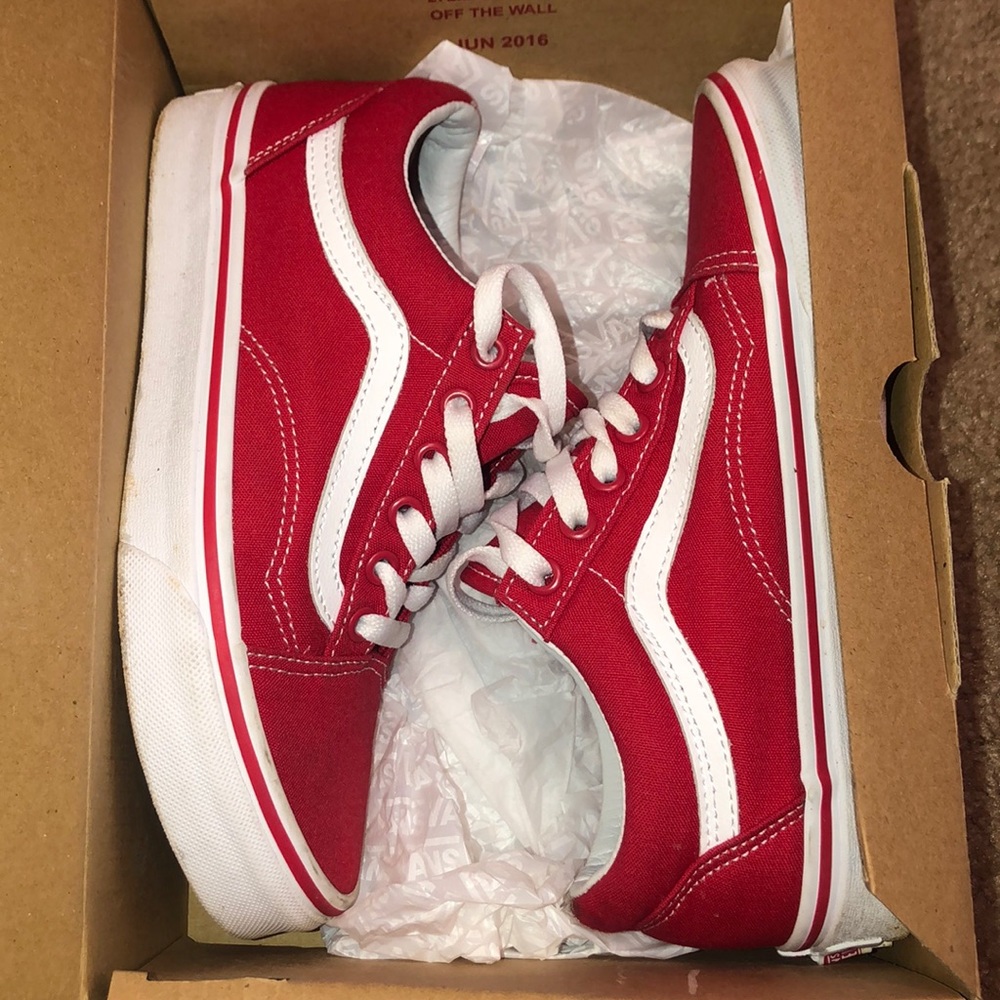 red and white old school vans low